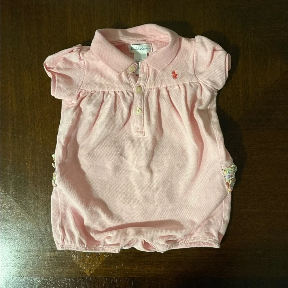 Ralph Lauren | short sleeve pink bubble ruffle polo shirt romper | 9 mo